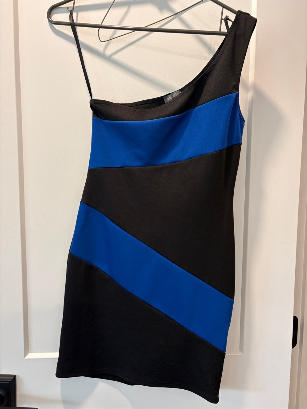 One-Shoulder Blue & Black Colorblock Dress